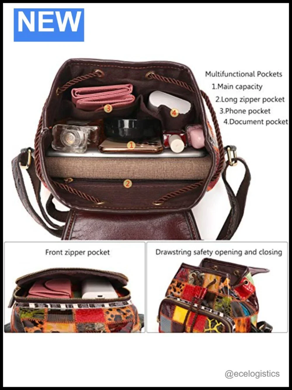 Genuine Leather Patchwork Bohemian Backpack with Removable Adjustable Strap,